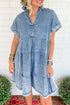 Blue Acid Wash V Neck Tiered Denim Dress
